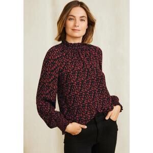 Garnet Hill Red Black Mock Neck Animal Print Long Sleeve Blouse Size Medium